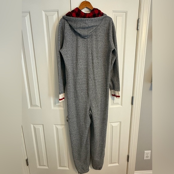 Roots Cabin Mens Grey Buffalo Plaid Zip Up Winter Sweater Fleece Onesie - Picture 8 of 12